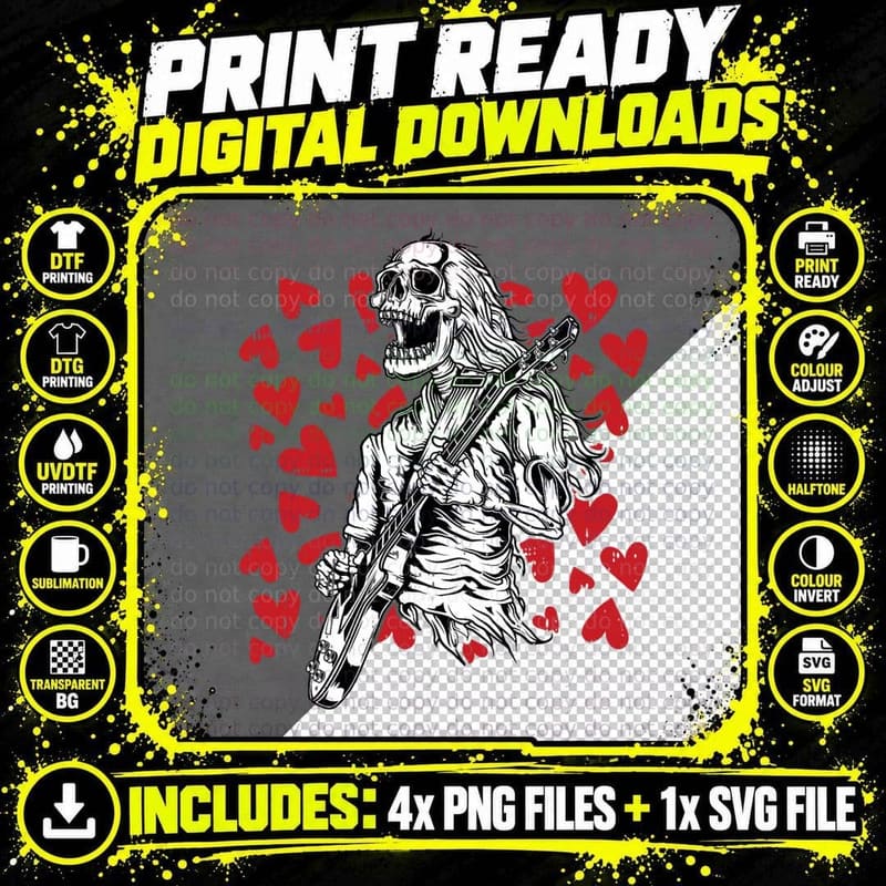 Skeleton Playing Guitar Valentines Day Cool Rock Png SVG Digital Bundle
