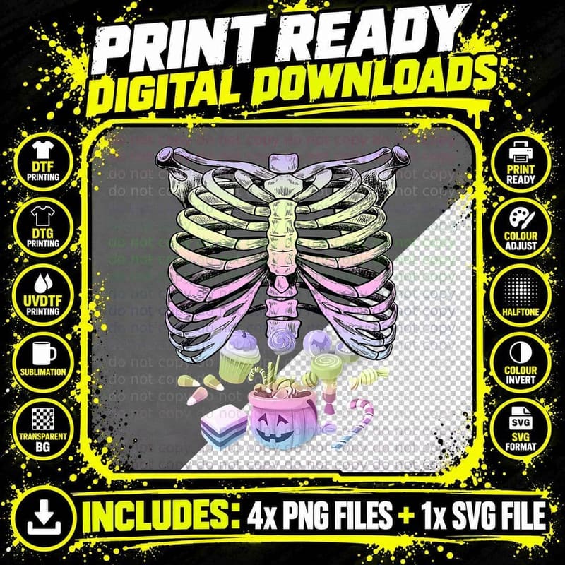 Skeleton Pregnancy Halloween Pastel Goth Candy Rib Cage Png SVG Digital Bundle