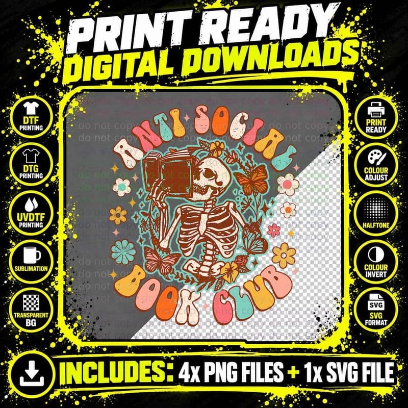 Skeleton Reading Book Lover Anti Social Book Club Png SVG Digital Bundle