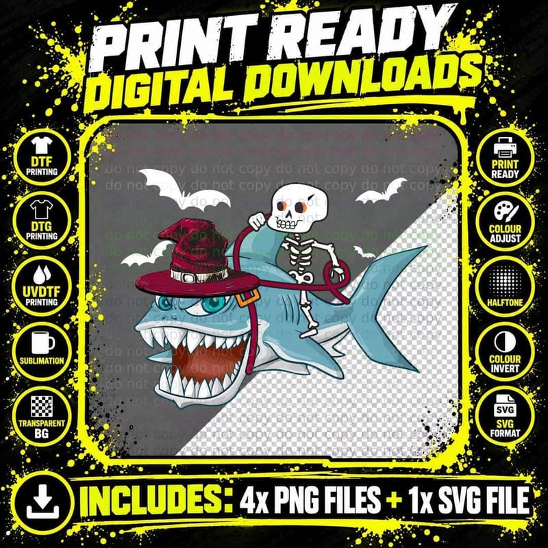 Skeleton Riding Shark T-Shirt, Halloween Gothic Style Png SVG Digital Bundle