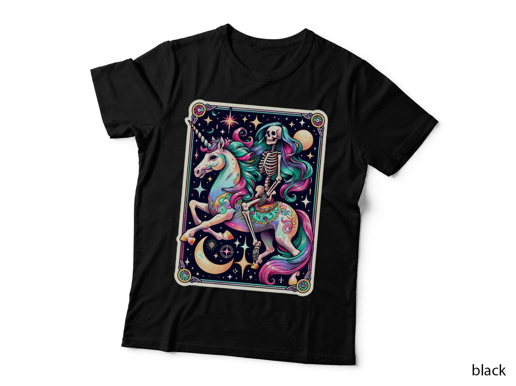 Skeleton Riding Unicorn Tarot Card Celestial Fantasy Art T-Shirt