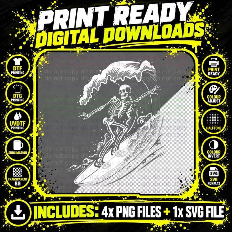 Skeleton Skull Surfer Creepy Beach Summer Goth Vacation Png SVG Digital Bundle
