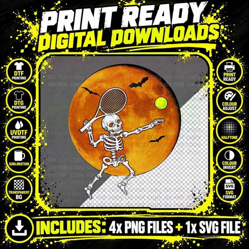 Skeleton Tennis Halloween Racket Ball T-Shirt Png SVG Digital Bundle