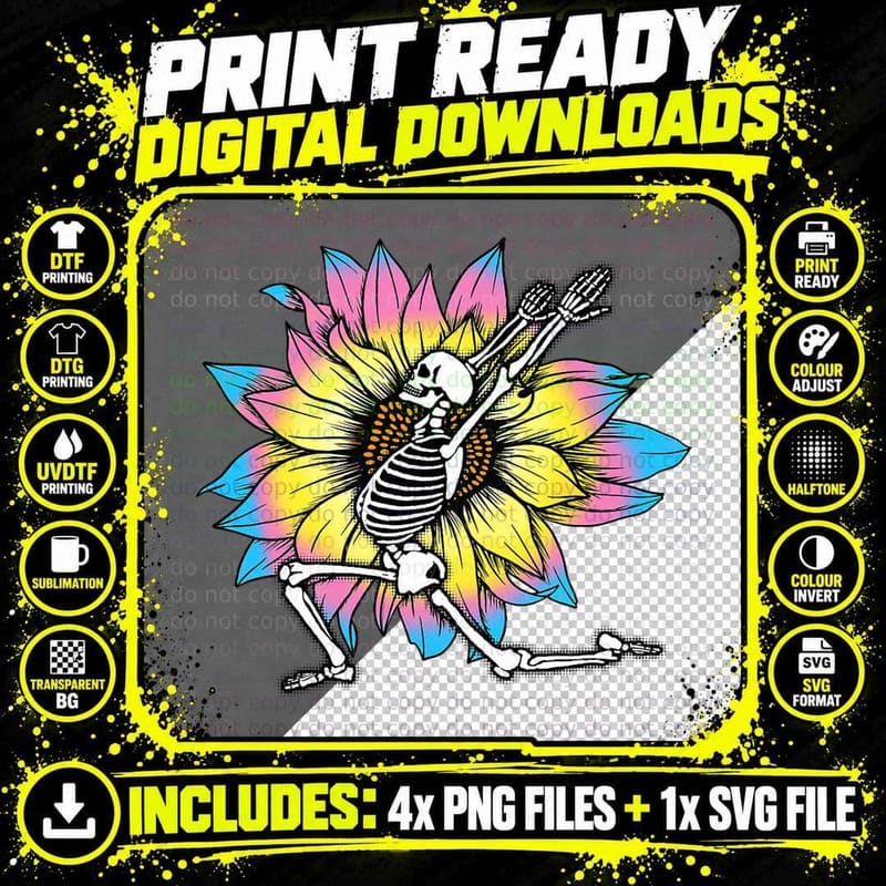 Skeleton Yoga Warrior Pose Psychedelic Sunflower Namaste Png SVG Digital Bundle