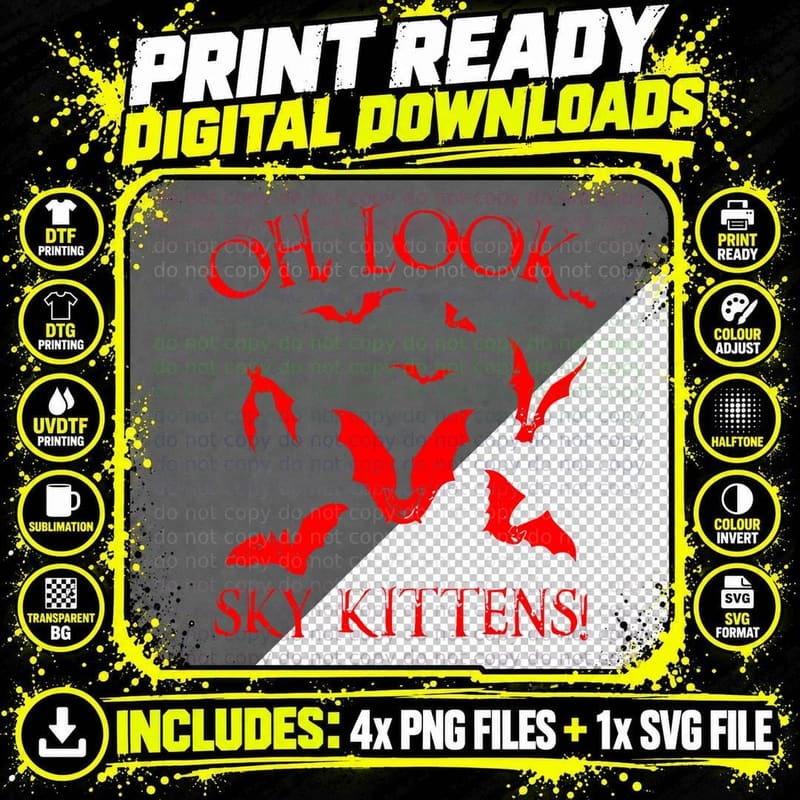 Sky Kittens Bat T-Shirt, Halloween Horror, Funny Sarcasm Png SVG Digital Bundle