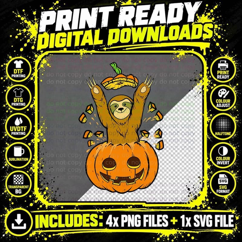 Sloth Pumpkin Halloween Costume Happy Fall Jack O Png SVG Digital Bundle