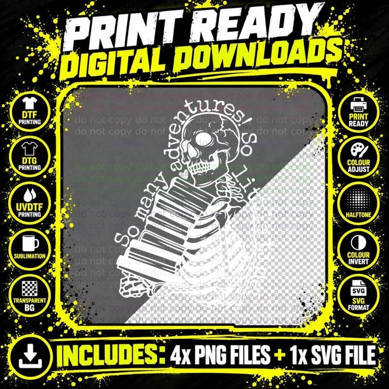 So Many Adventures Skeleton Reading Book Bookish Skull Png SVG Digital Bundle