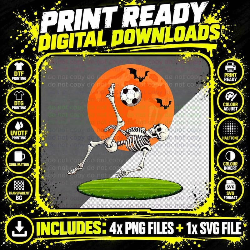 Soccer Skeleton Overhead Kick Soccer Player Halloween Png SVG Digital Bundle