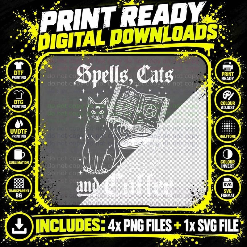 Spells Cats and Coffee Cute Gothic Cat Lover Witch Png SVG Digital Bundle