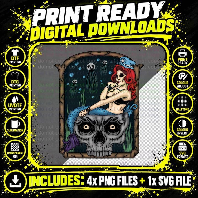 Spooky Halloween Punk Goth Skull Mermaid T-Shirt Png SVG Digital Bundle
