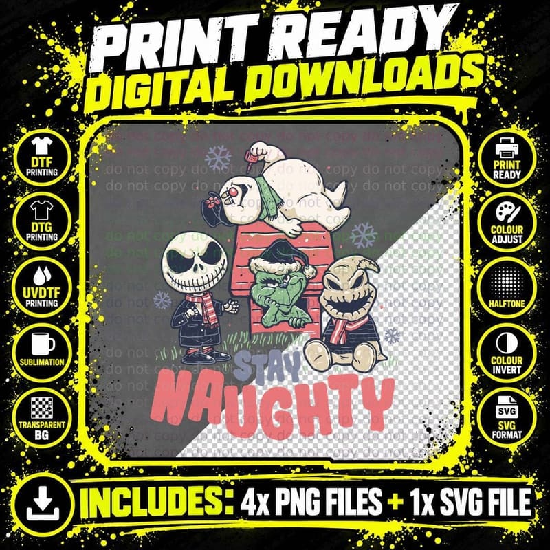 Stay Naughty, Halloween Characters, Funny Sarcasm T-Shirt Png SVG Digital Bundle