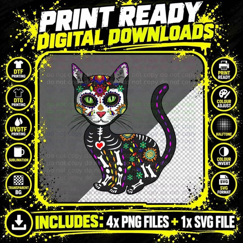 Sugar Skull Cat T-Shirt, Halloween Day of the Dead Png SVG Digital Bundle
