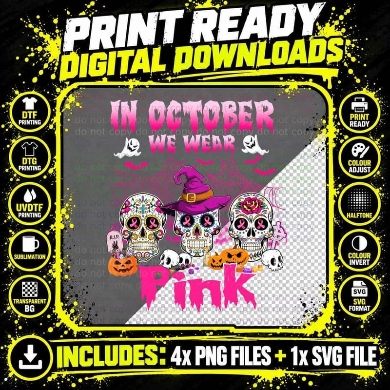 Sugar Skulls Halloween T-Shirt, Pink Awareness Design Png SVG Digital Bundle
