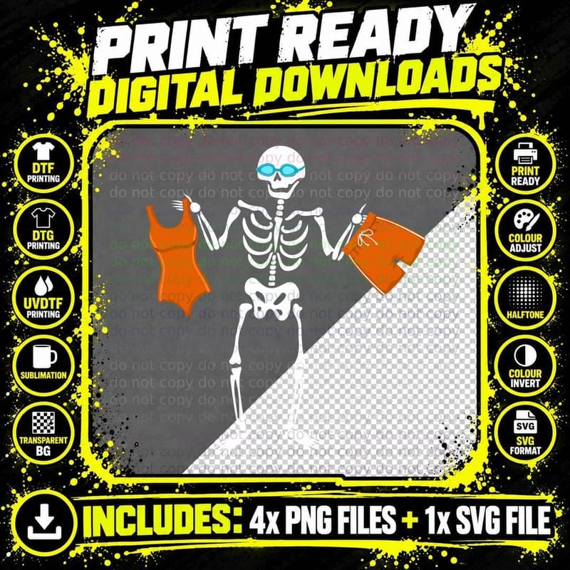Swimming Skeleton T-Shirt, Halloween Costume Print Png SVG Digital Bundle