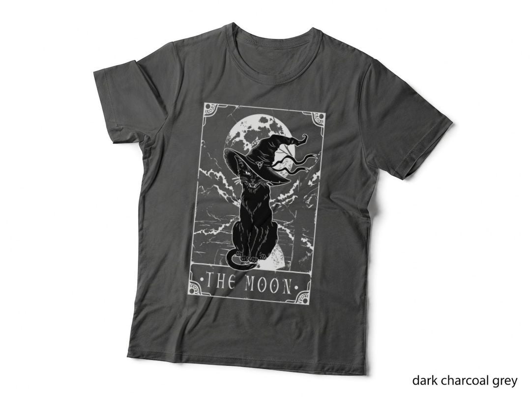 Tarot Card Crescent Moon and Black Cat Witch Hat Halloween T-Shirt