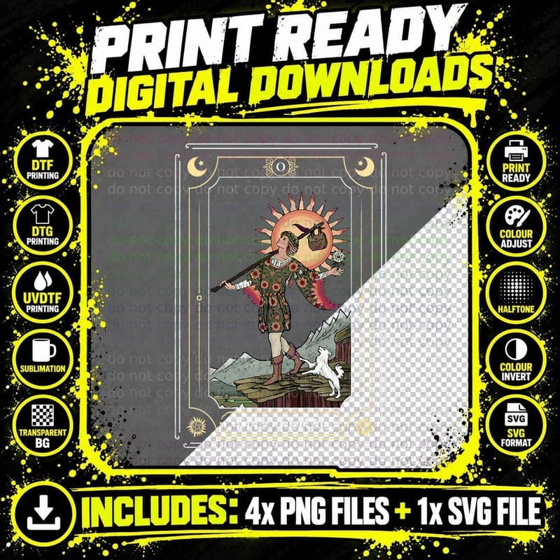 Tarot Card the Fool Witchy Vintage Halloween Themed Png SVG Digital Bundle