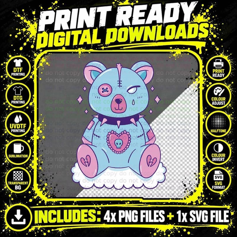 Teddy Bear Kawaii Creepy Goth Skull Harajuku Anime Png SVG Digital Bundle