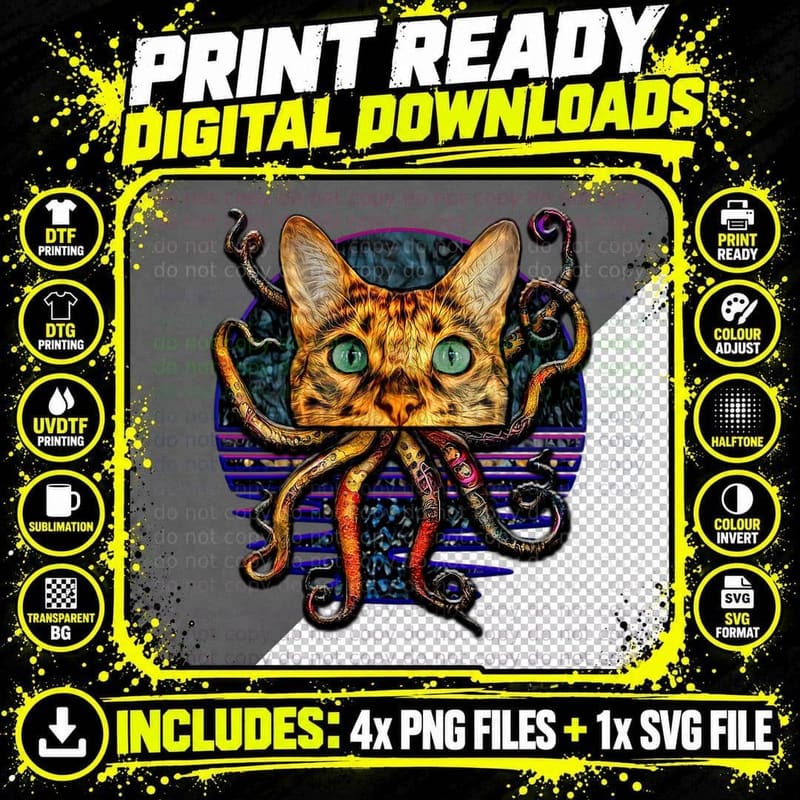 Tentacle Cat Horror Kitty T-Shirt, Gothic Horror Png SVG Digital Bundle