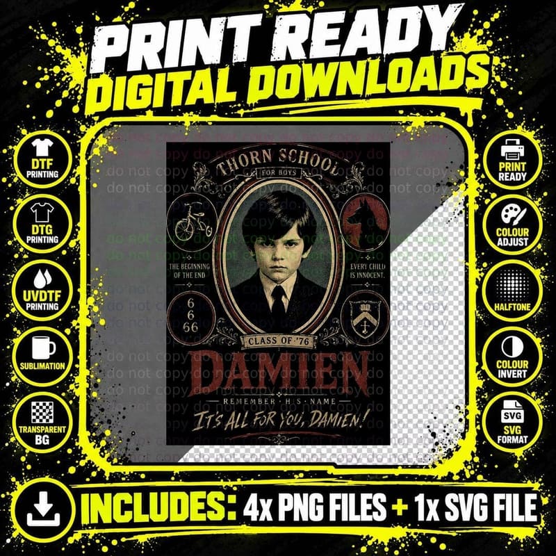 The Omen Vintage Yearbook Horror Movie Damien Halftone Png SVG Digital Bundle
