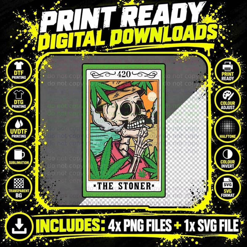 The Stoner Tarot Card Skeleton Cannabis Weed Lover Png SVG Digital Bundle