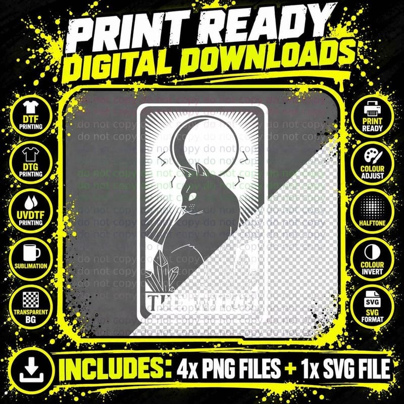 The Witch Tarot Card Occult Moon and Cat Aesthetic Png SVG Digital Bundle