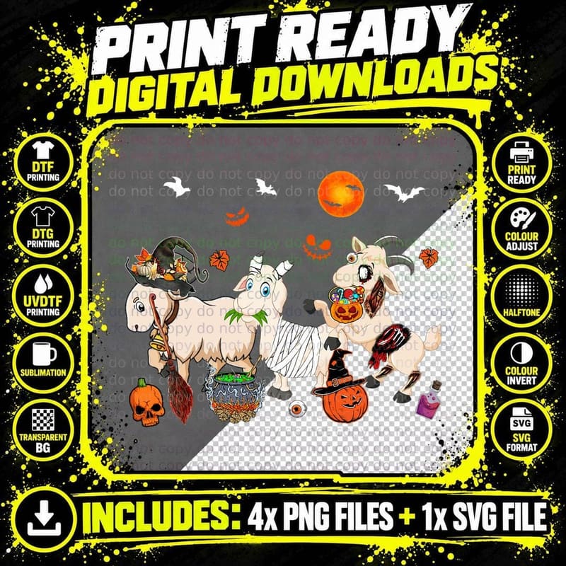 Three Goats Funny Witch Scary Mummy Halloween Zombie Png SVG Digital Bundle