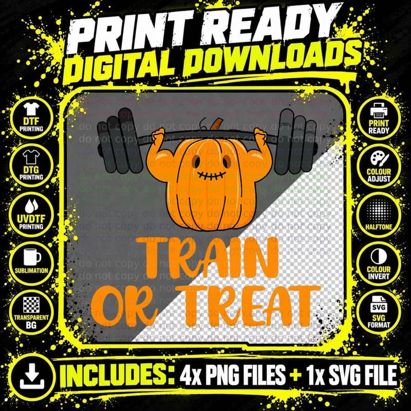 Train or Treat Funny Halloween Pumpkin Gym Workout Png SVG Digital Bundle