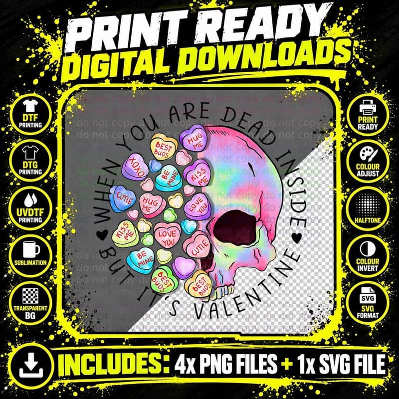 Valentines Day Dead Inside Skeleton Funny Pastel Hearts Png SVG Digital Bundle