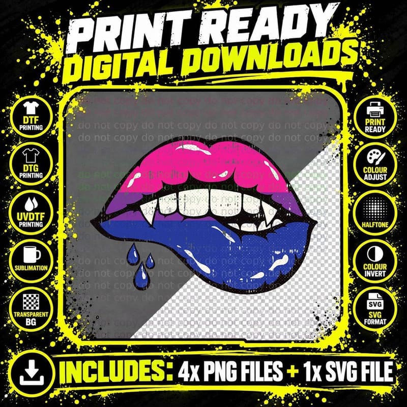 Vampire Lips Bi-Sexual Pride Sexy Blood Fangs LGBT-Q Png SVG Digital Bundle
