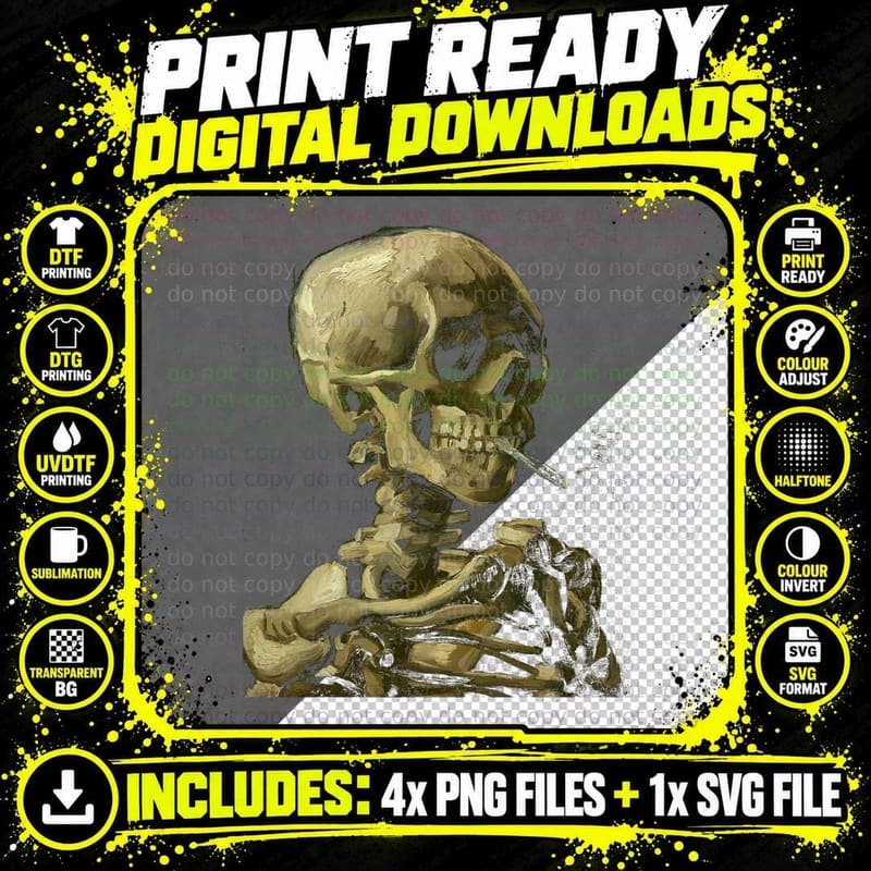 Vincent Van Gogh Skull with Cigarette Skeleton Png SVG Digital Bundle