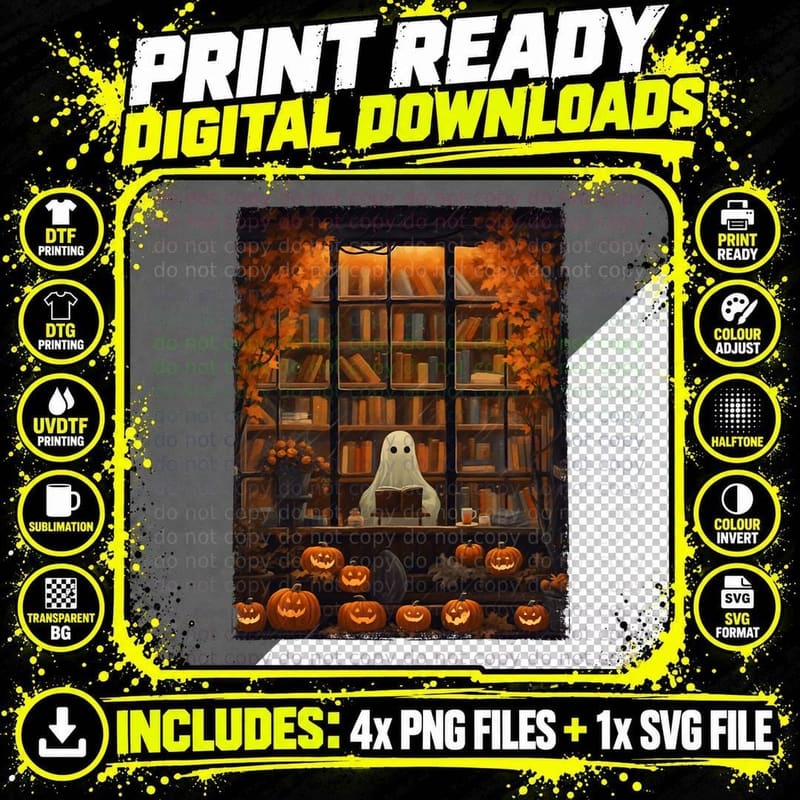 Vintage Ghost Book Reading Bookshop Halloween Teachers Png SVG Digital Bundle