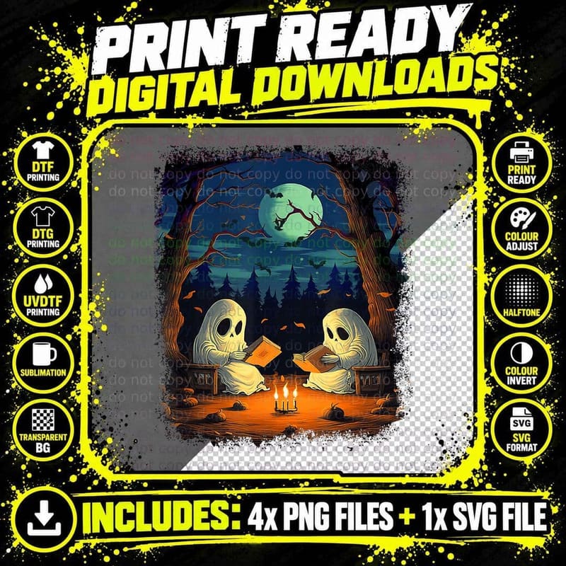 Vintage Ghost Book Reading Camping Forest Halloween Png SVG Digital Bundle