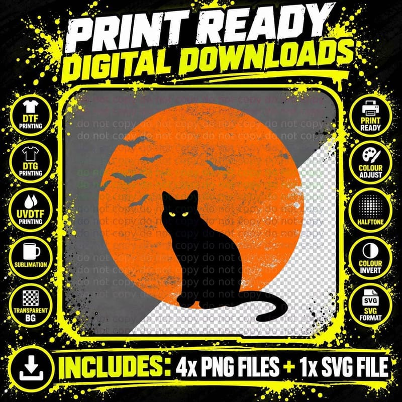 Vintage Halloween Black Cat Costume Retro Moon Cat Mom Png SVG Digital Bundle