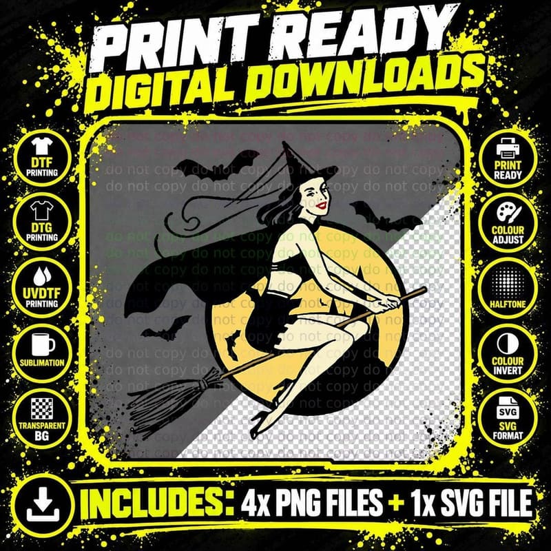 Vintage Halloween Pinup Witch Goth Rockabilly T-Shirt Png SVG Digital Bundle