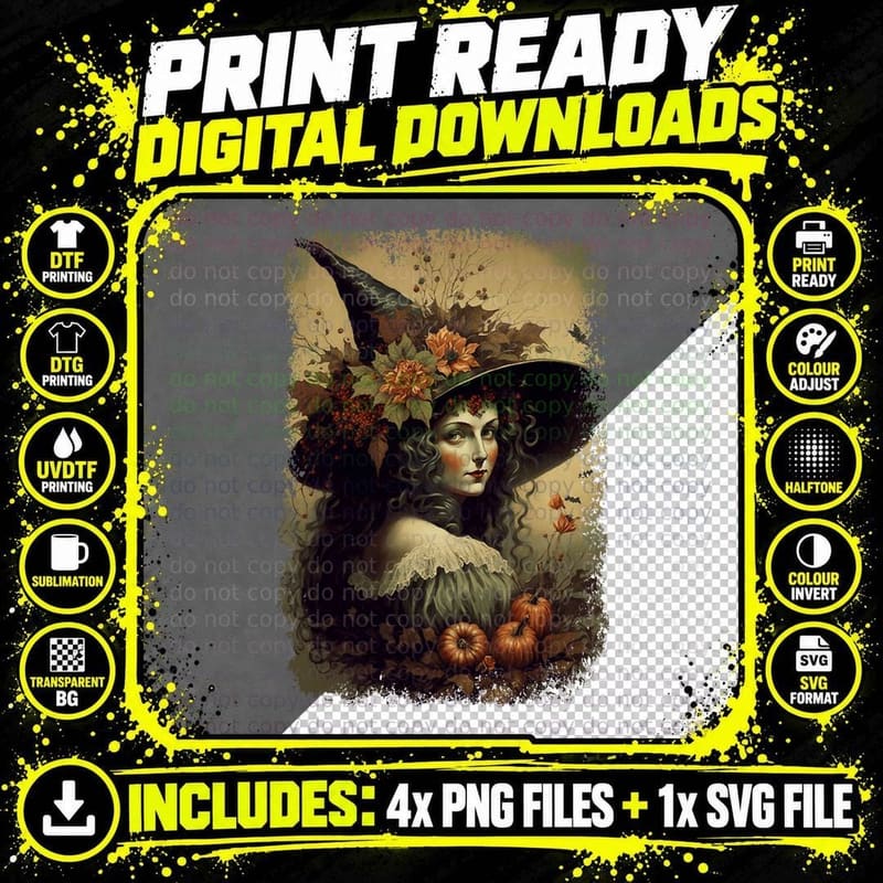 Vintage Nature Witch October Halloween Illustration Png SVG Digital Bundle