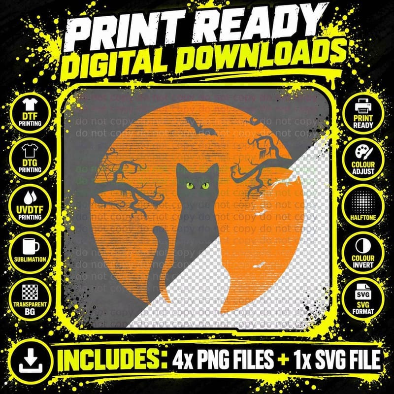 Vintage Scary Halloween Cat Costume Retro Cat Moon Png SVG Digital Bundle
