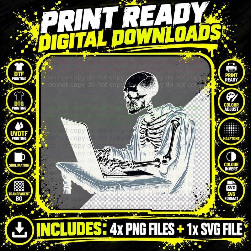 Web Developer Coding Skeleton in Front of Laptop Png SVG Digital Bundle