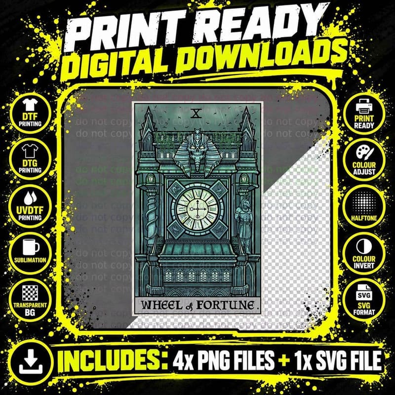 Wheel of Fortune Tarot Card Halloween Gothic Witch Png SVG Digital Bundle