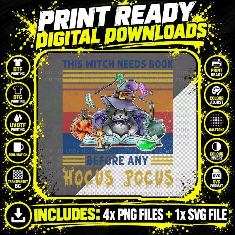Witch Cat Book T-Shirt, Halloween Costume Png SVG Digital Bundle