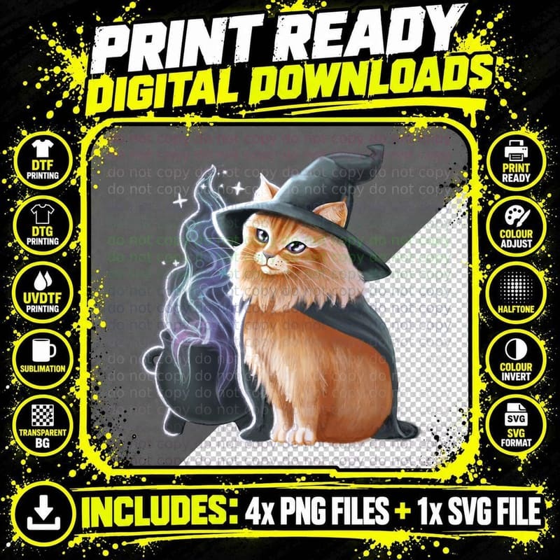 Witch Cat Brewing a Potion T-Shirt Png SVG Digital Bundle