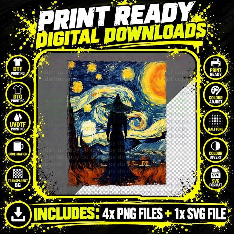 Witch Halloween Starry Night Van Gogh Aesthetic Painting Png SVG Digital Bundle