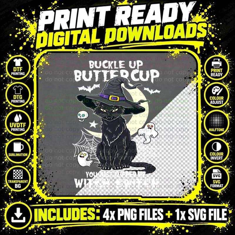 Witch Hat Black Cat T-Shirt, Halloween Costume Png SVG Digital Bundle