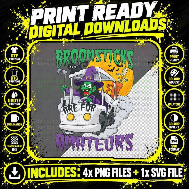 Witch Riding a Golf Cart Funny Halloween T-Shirt Png SVG Digital Bundle