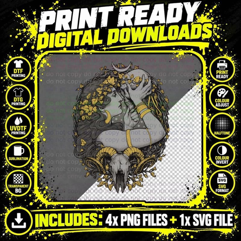 Witch with Ram Skull T-Shirt, Gothic Fantasy Png SVG Digital Bundle