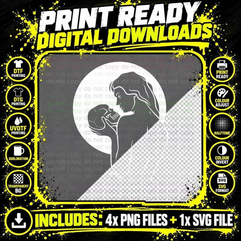 Woman Holding Skeleton Skull Full Moon Halloween Goth Png SVG Digital Bundle
