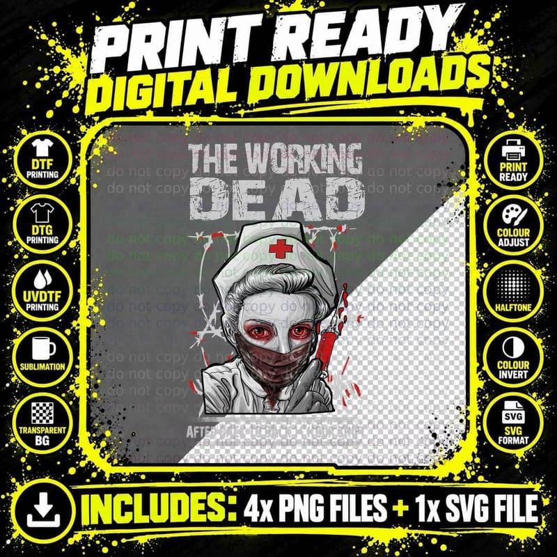 Working Dead Nurse T-Shirt, Horror Zombie Theme Png SVG Digital Bundle