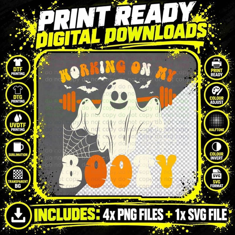 Working on My Booty Funny Gym Halloween Workout Ghost Png SVG Digital Bundle