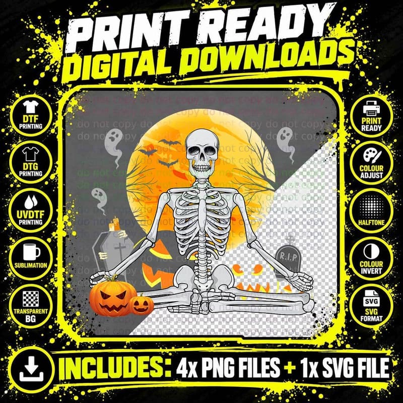 Yoga Halloween Skeleton Namaste Meditating Mens T-Shirt Png SVG Digital Bundle