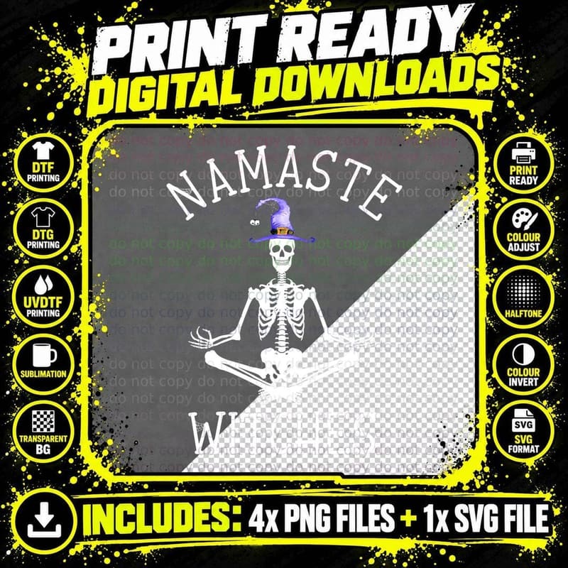 Yoga Skeleton Namaste Witches Funny Halloween Yogi Png SVG Digital Bundle