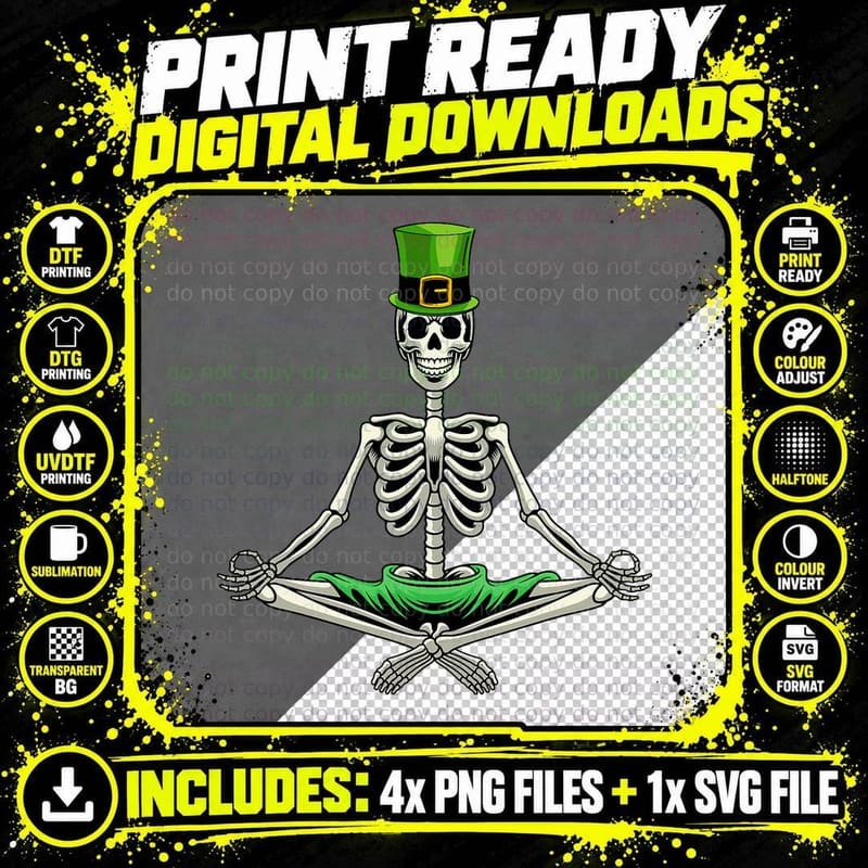 Yoga Skeleton St Patricks Day Funny Irish Leprechaun Hat Png SVG Digital Bundle